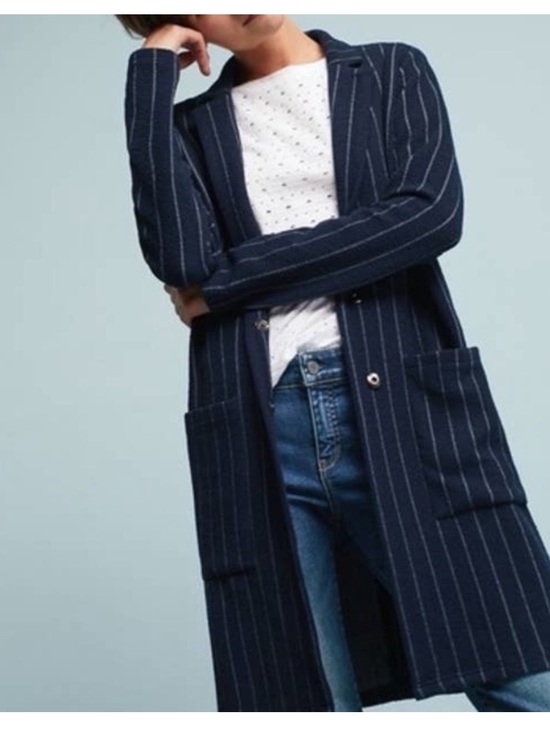Harlyn Jackets & Blazers - Anthropologie Harlyn Navy Pinstripe Open-Front Coat - Small